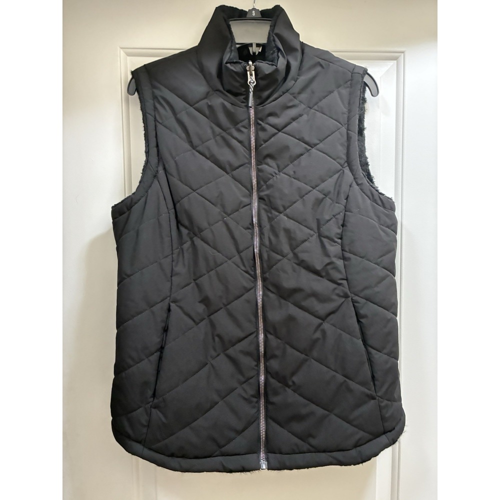 Womens‎ Cozy Luxe Black Quilted Puffer Vest Faux Fur Lined Zip Winter L